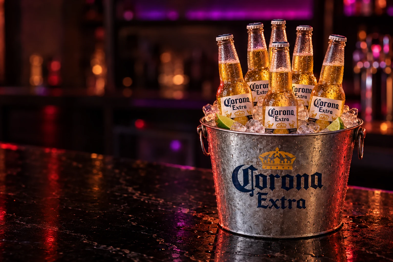 Cubeta Corona con sei bottiglie da 33 cl nel ghiaccio, sul bancone scuro.